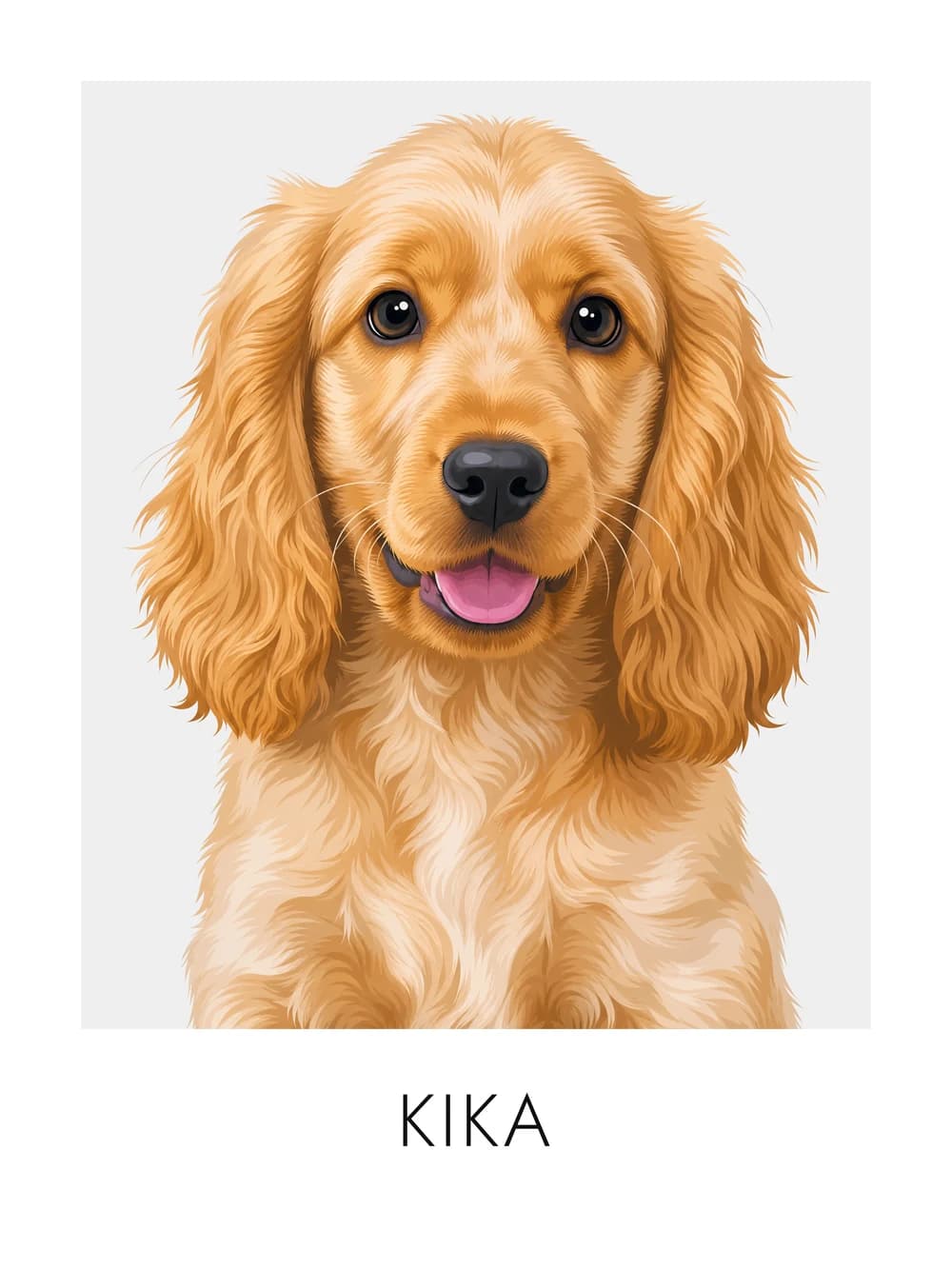 Póster com o retrato ilustrado de uma cocker spaniel e o nome dela, Kika